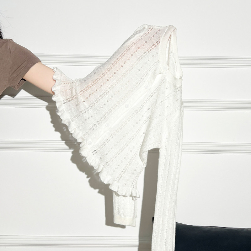 Korean Style White Long-Sleeved Knitted Cardigan for Women, Thin and Slightly See-Through Knitted Cover-Up for Autumn, Paired with a Slip Dress