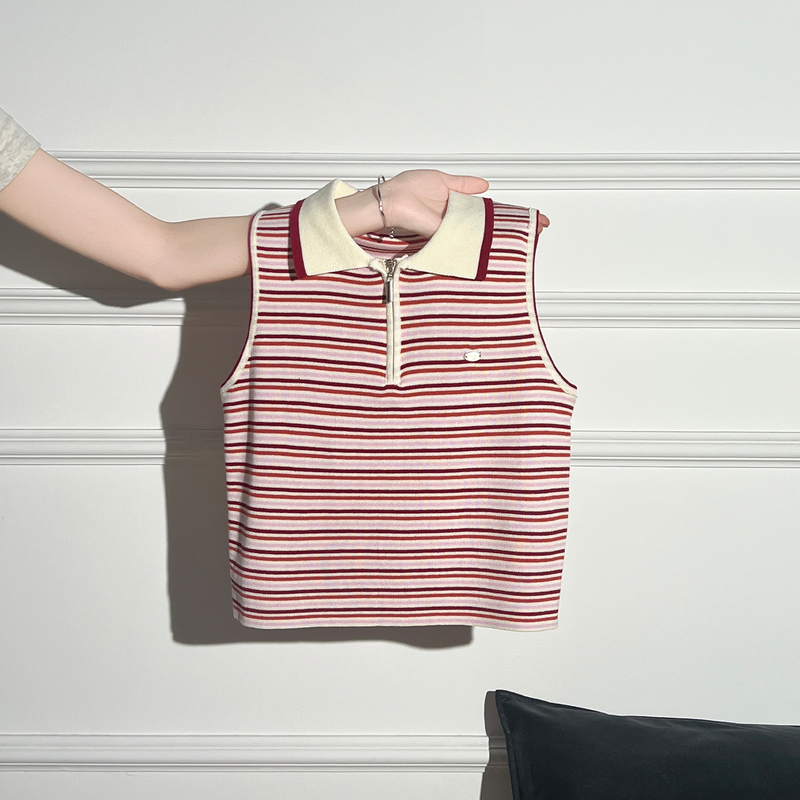 La Chapelle Red Knitted Striped Vest Polo Collar Miu Summer Slim Fit Sleeveless Short Top for Women