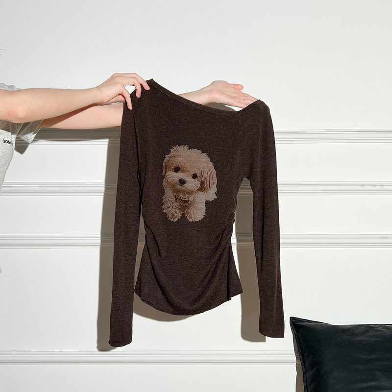Autumn New Style One-Shoulder Long-Sleeve Slim-Fit Sweater Knit Base Shirt for Women, Melad Brown Coffee Color Inner Top