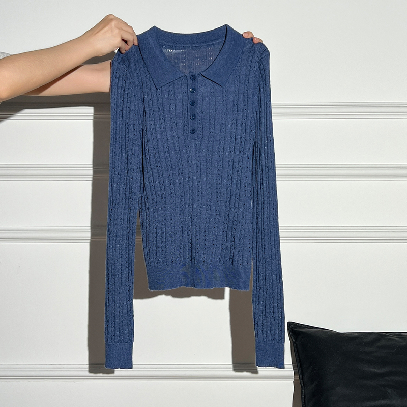 Korean-Style Stunning Outfit: Blue Polo Collar Long-Sleeve Sweater Knitwear for Women, Autumn Slim-Fit Base Layer Top