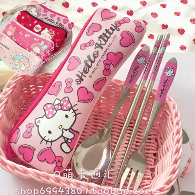 Cute big-eared dog stainless steel set set student children's tableware portable fork spoon chopsticks three-piece bag