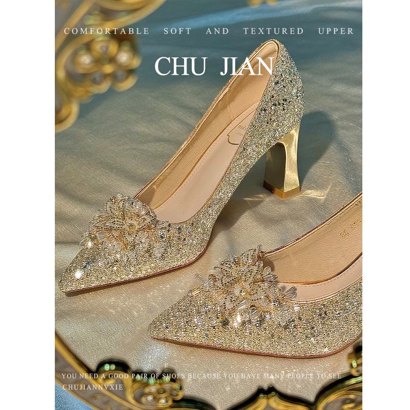 Chunky Heel Wedding Shoes for Women 2026 New Style Bride Xiuhe Wedding Dress Two-Way Wear Stunning and Comfortable Champagne Color High Heels Large Size Chunky Heel Wedding Shoes for Women 2026 New Style Bride Xiuhe Wedding Dress Two-Way Wear Stunning and Comfortable Champagne Color High Heels Large Size