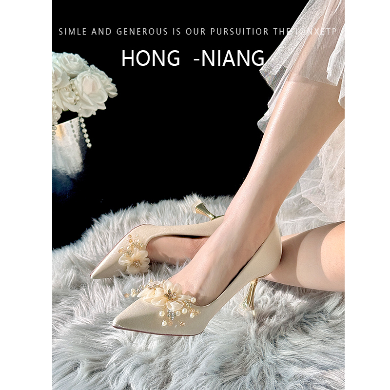2026 New Style Main Fabric Xiuhe Dual-Wear Bridal Shoes, Comfortable Satin Wine Glass Heel High Heels, Bridesmaid Shoes, Engagement Shoes