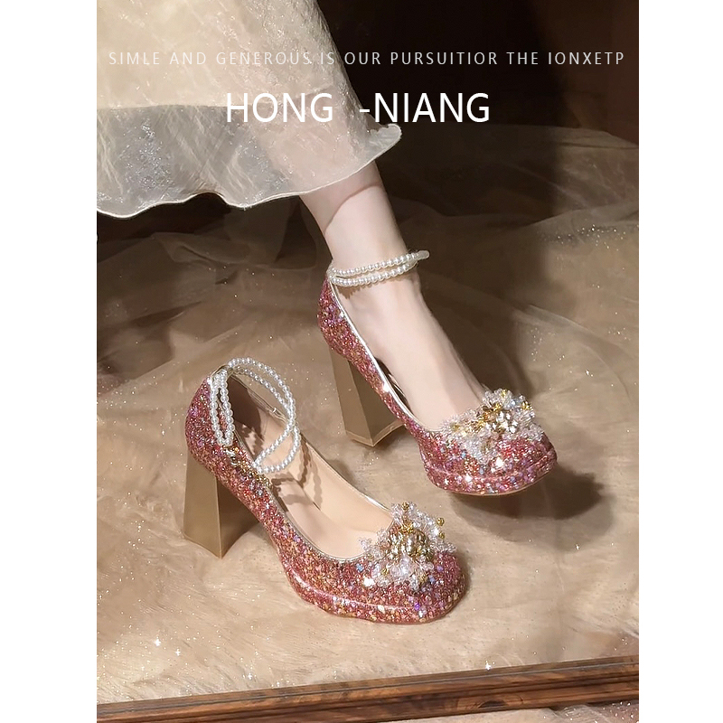 Red Small-Sized Waterproof Platform High-Heeled Shoes with Round Toe and Single Strap, Suitable for Traditional Chinese Wedding Attire, Thick Heel That Is Comfortable and Won'T Tire the Feet, Suitable for Pregnant Women