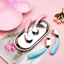 304 stainless steel childrens spoon fork baby elbow spoon Baby elbow handle Learn to eat training short cutlery set