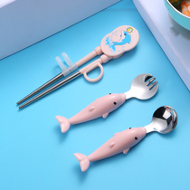 Baby eating spoon Childrens 304 stainless steel anti-scalding spoon Baby self-eating tableware spoon fork chopsticks set