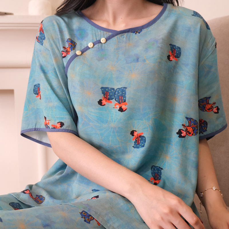 New Chinese-Style Printed Pajamas, Summer Cotton Silk Short-Sleeved Suits That Can Be Worn Outside, Loose-Fitting Home Clothes, Thin Style, National Style New Chinese-Style Printed Pajamas, Summer Cotton Silk Short-Sleeved Suits That Can Be Worn Outside, Loose-Fitting Home Clothes, Thin Style, National Style