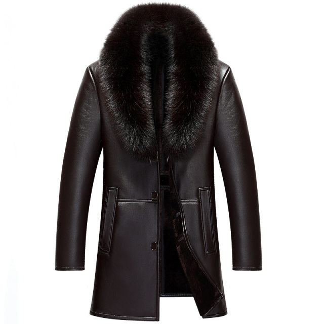 Haining Leather City Dad Men's Fur Fox Large Fur Collar Fur One-piece Genuine Jacket Plus Velvet Thickened Jacket