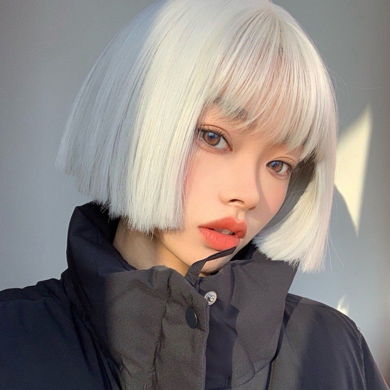 Water Dance Wig for Women, Short Bob Hairstyle, Internet Celebrity Style, Handsome Short Straight Hair, Silver-White, Pink, Orange, Yellow, Trendy and Cool, Full Wig for Streamers