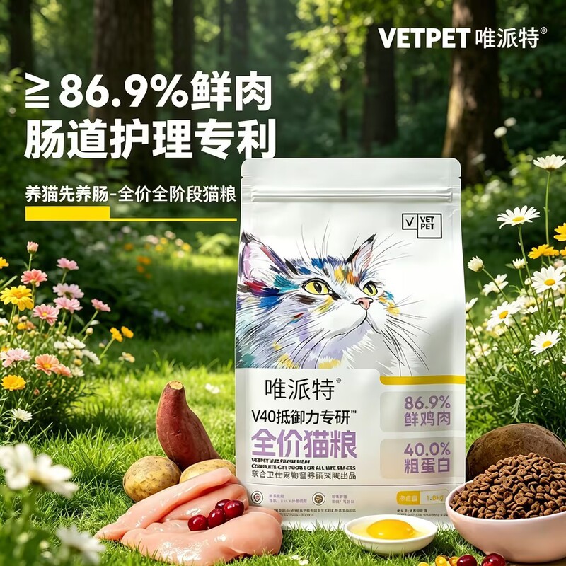 Vetpet V40 Resilience Specializes in Full-Price Cat Food with 86.9% Fresh Meat to Help Balance Intestinal Flora