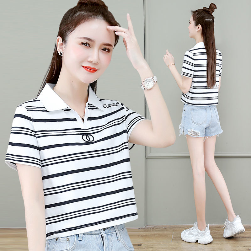Pure Cotton Polo Collar Short-Sleeved T-Shirt for Women 2026 Summer New Korean Style Loose Striped High-Waisted Slimming Top Pure Cotton Polo Collar Short-Sleeved T-Shirt for Women 2026 Summer New Korean Style Loose Striped High-Waisted Slimming Top