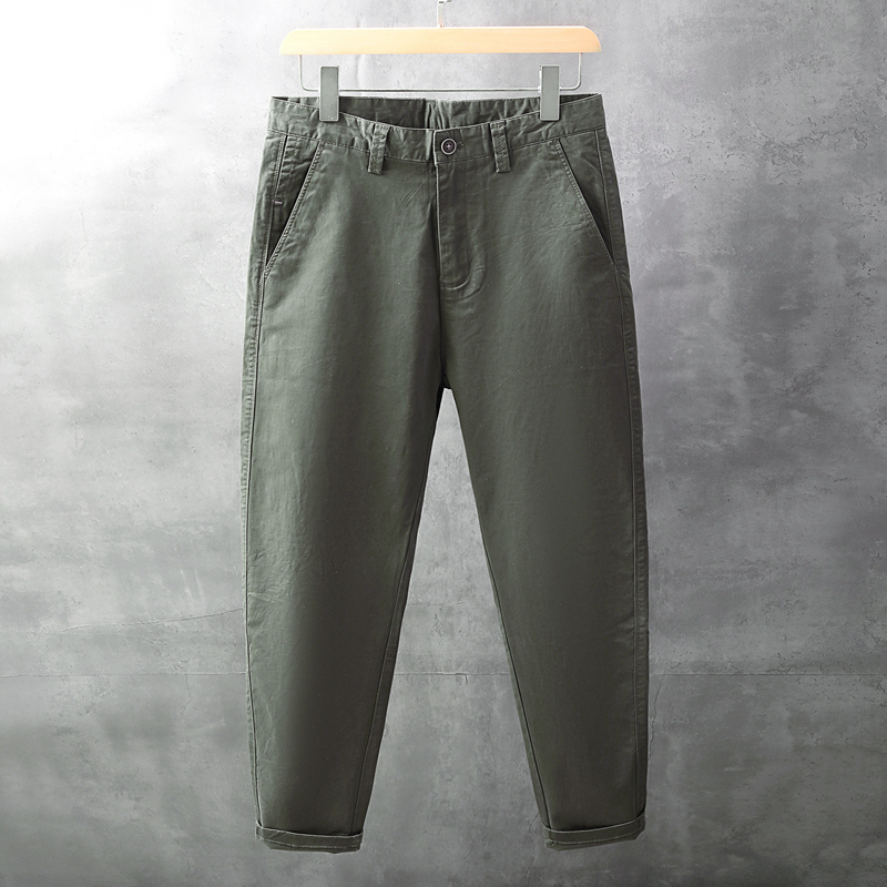 Four-Season Military Green Men's Casual Pants, Pure Cotton, Versatile, Plain, Simple Tapered Work Pants, Trendy