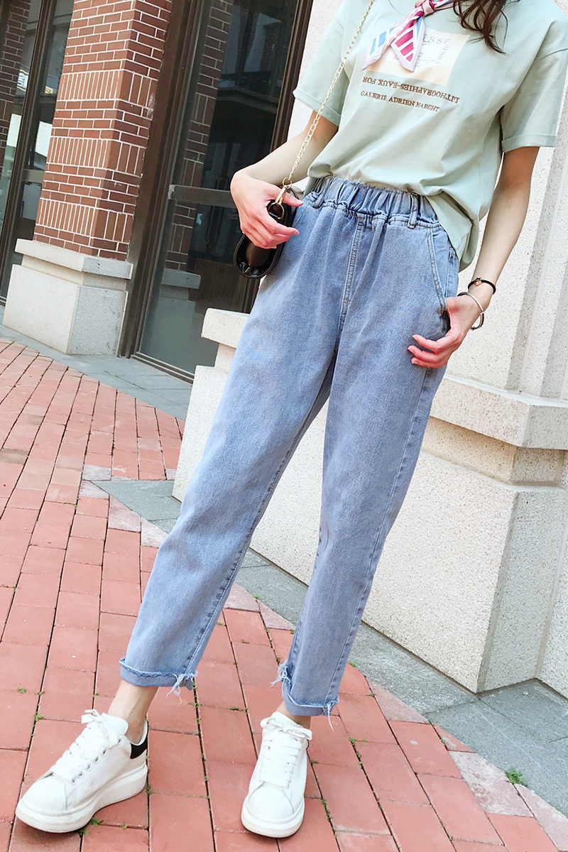 Loose quần jeans eo phụ nữ 2020 mùa hè eo cao củ cải lỏng cũ cha quần Hàn Quốc phiên bản của ins triều chín điểm quần Harlan