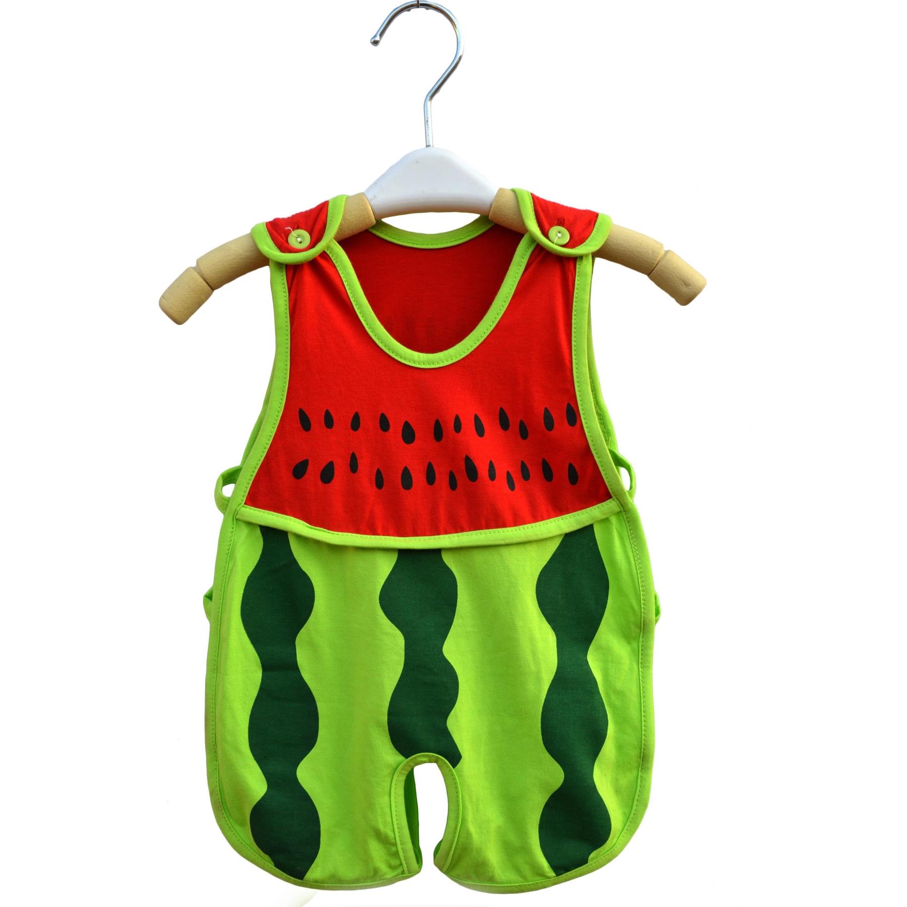 Bé vai khóa một mảnh váy mở bib baby baby quần áo trăm ngày ảnh dưa hấu romper cotton mỏng mùa hè ăn mặc áo liền quần có tất baby