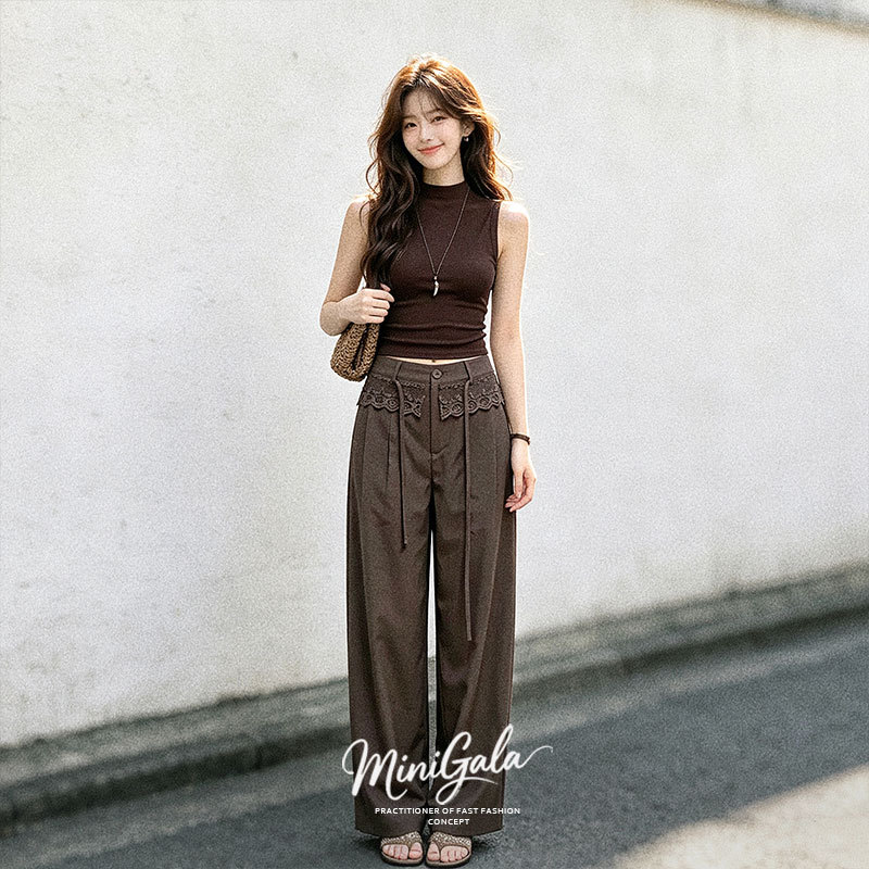 French-Style Retro Coffee-Colored Half-High Collar Sleeveless Vest for Women, Lace Patchwork Wide-Leg Pants Two-Piece Set, Relaxed Outfit French-Style Retro Coffee-Colored Half-High Collar Sleeveless Vest for Women, Lace Patchwork Wide-Leg Pants Two-Piece Set, Relaxed Outfit