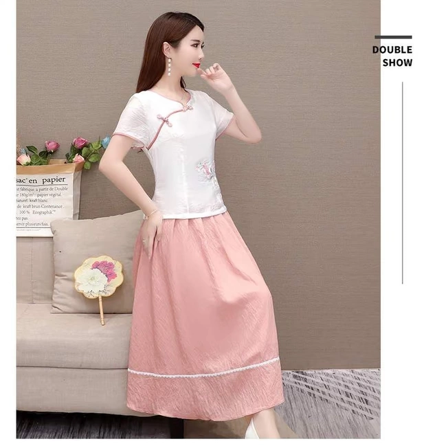 2019 mới khâu mùa hè của phụ nữ dài qua đầu gối khâu Hanfu tuổi hoang dã Một từ váy thủy triều - A-Line Váy váy chữ a liền