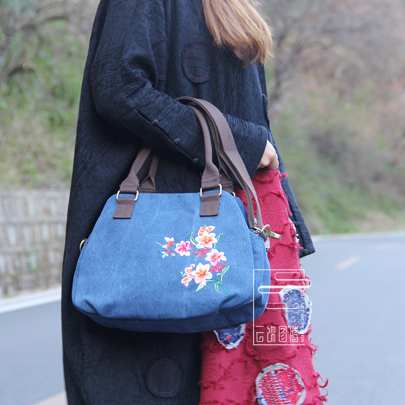 Cloud Totem Original Design Portable Women's Bag National Embroidered Denim Bag Handbag Simple One Shoulder Messenger Bag