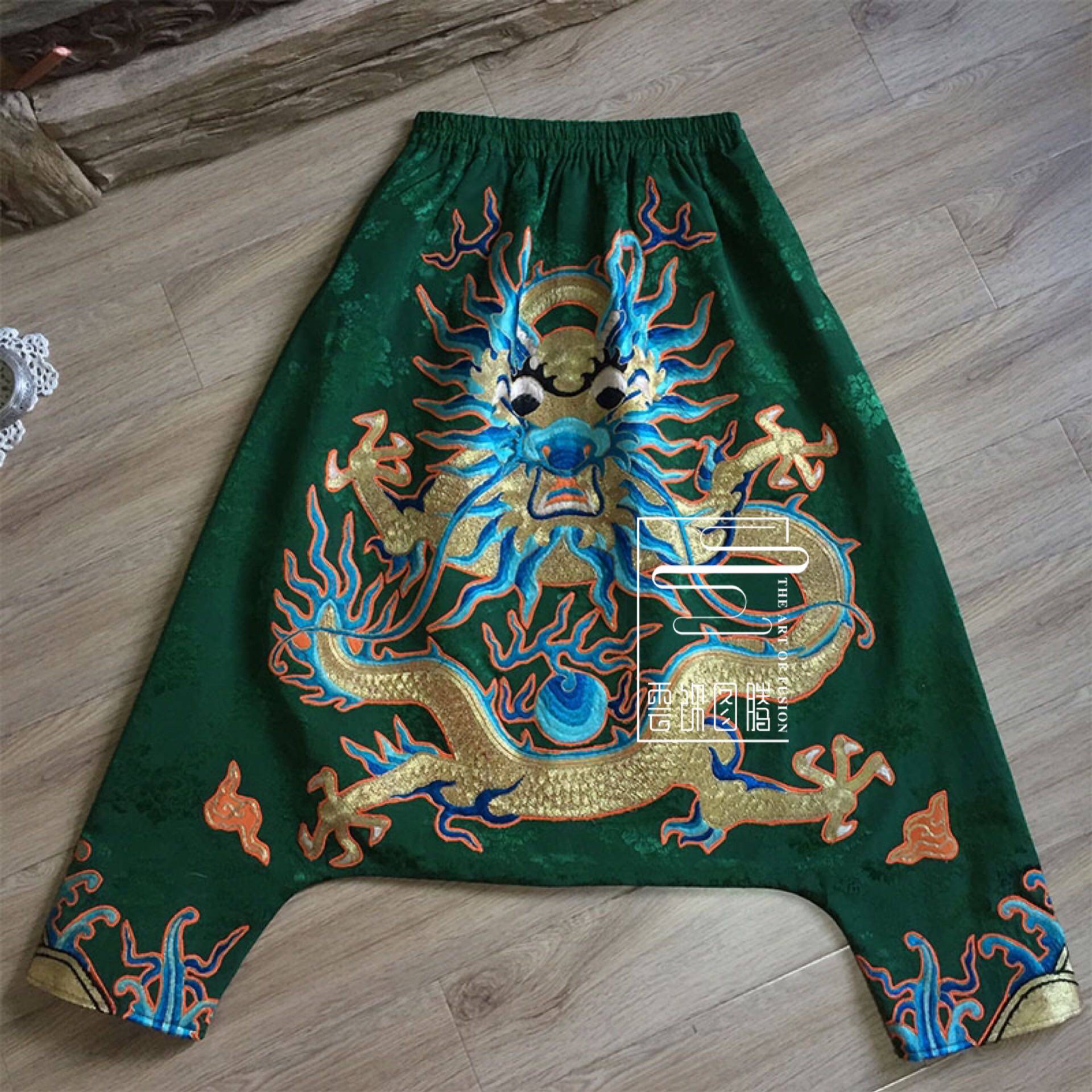 Cloud decoration totem original design women's trousers old embroidery plate Golden Dragon old satin casual style personality exaggerated casual pants