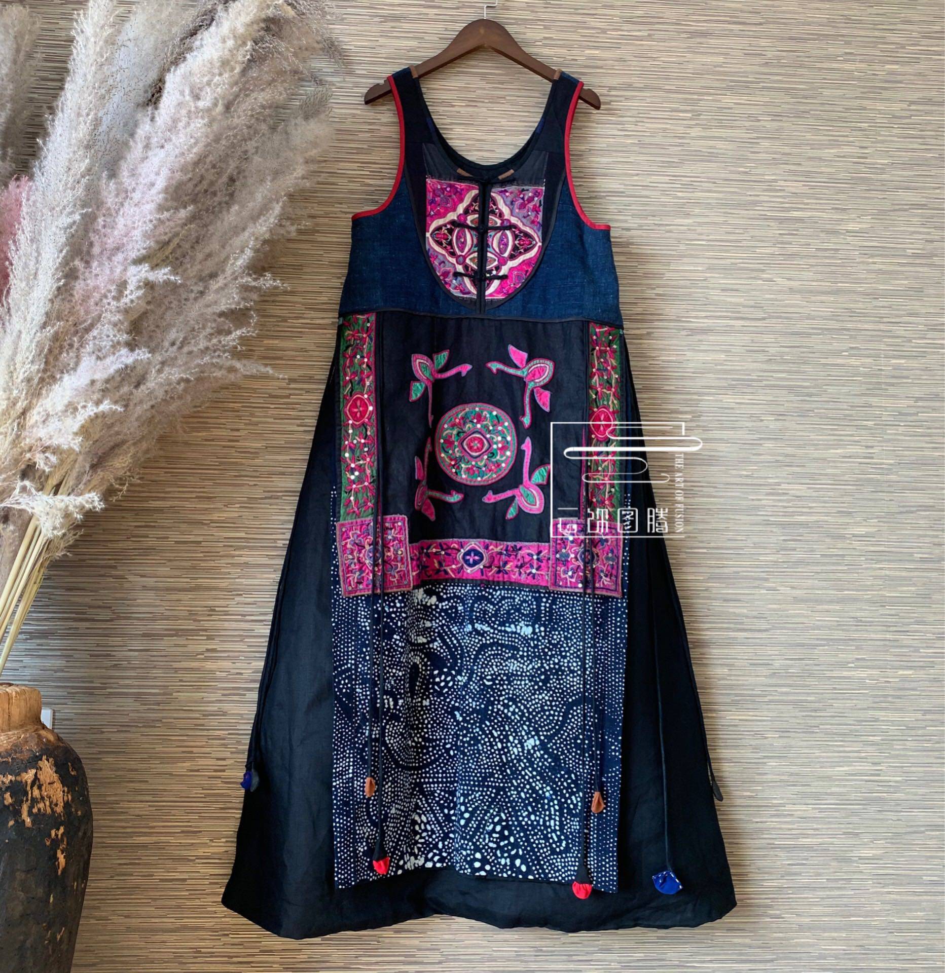 Cloud Totem Original Design Women's Dress Plus Cotton Old Embroidered Miao Embroidered Harajuku Den Joker Strap Dress