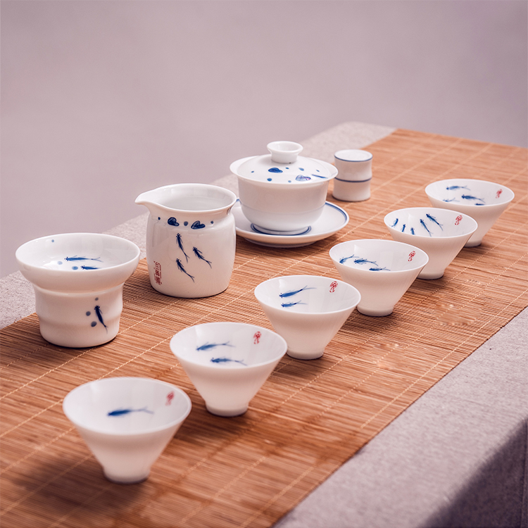 Kung Fu tea set White porcelain cover bowl Teacup Household 6 people Jingdezhen simple hand-painted blue and white ceramic tea set