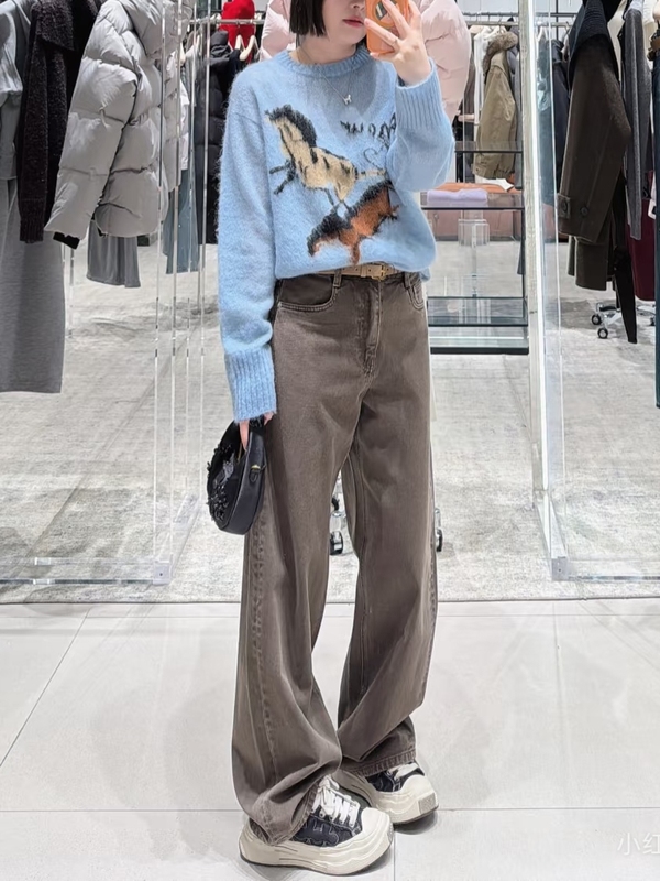 Jeans 2026 Spring New Collection Mocha Brown Vintage Washed Cotton Mid-Waist Scimitar Wide-Leg Pants Mbf1Jen023