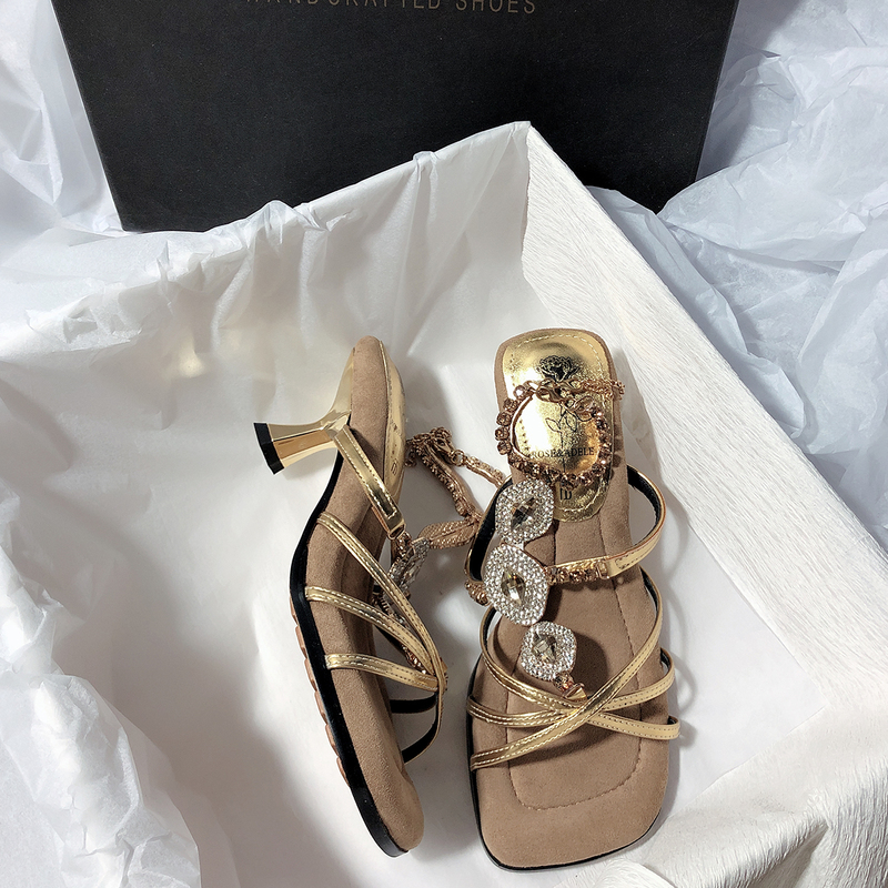 Senyu Haixiang Ancient Egyptian Exotic Rhinestone Chain High-Heeled Genuine Leather Square-Toe Elegant Sandals