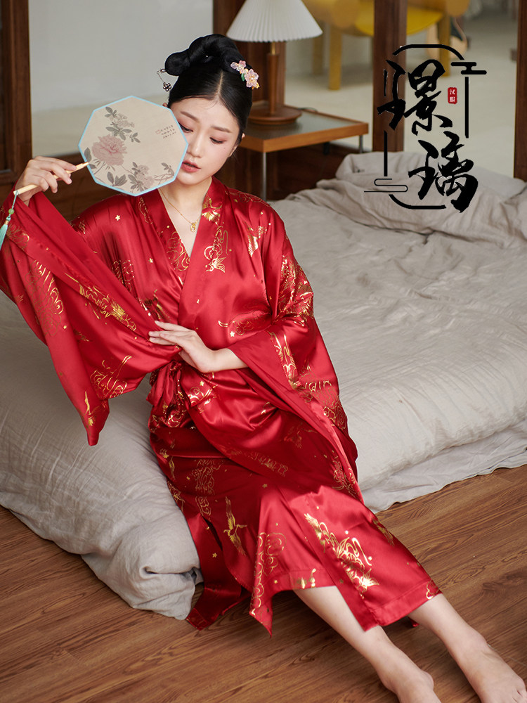 Glazed Original China Wind Sleepwear Ancient Wind Emulation Silk Chinese Wedding Bridal Bridal Gown Sleep Robe Hanfu Woman Loose version