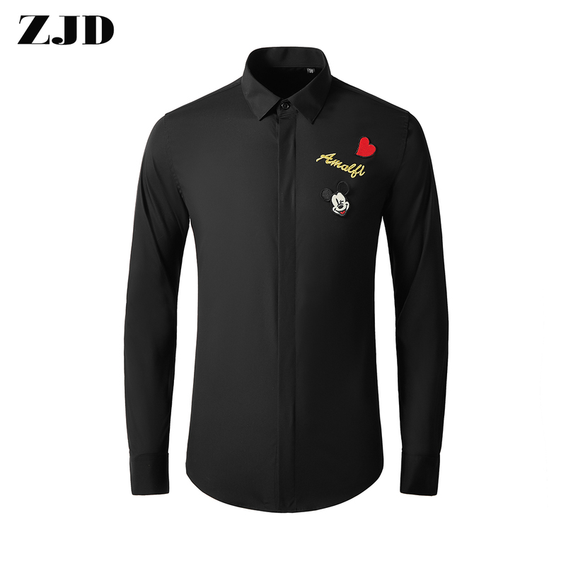 Trendy New Love Embroidered Mickey Mouse Badge Shirt Men's Long-Sleeved Daily Versatile European and American Simple Shirt