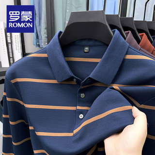 罗蒙提花条纹长袖T恤男中年宽松休闲翻领POLO衫爸爸装新款打底衫