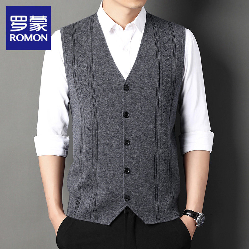 Romon ニット Vネック ベスト カーディガン メンズ 2026年秋冬新作 ビジネスカジュアル ジャカード無地ベスト