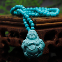 Turquoise carved pendant necklace Maitreya Buddha Guanyin necklace natural raw mineral jade wen play sweater chain mens and womens models