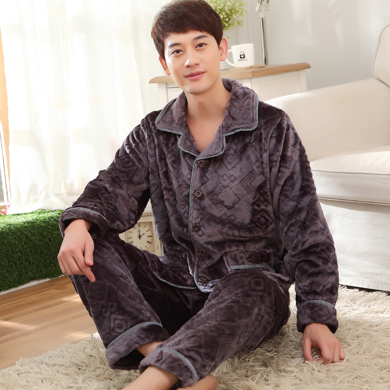 Bộ đồ ngủ flannel nam cộng với phân bón XL thanh niên dày lên san hô mùa đông cực lớn 255 cân anh béo quần áo ngủ cho nam giới