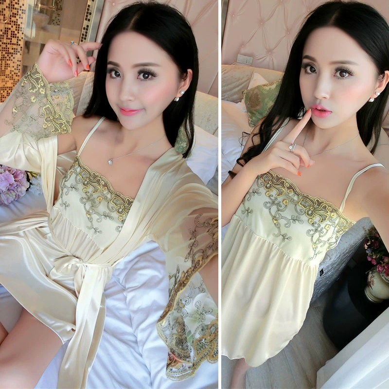Váy ngủ phụ nữ mỏng sexy cỡ lớn mùa xuân và mùa thu băng lụa áo ngủ mùa xuân và mùa thu bộ đồ ngủ rộng rãi dài tay hai mảnh mùa hè 200 kg - Đêm đầm