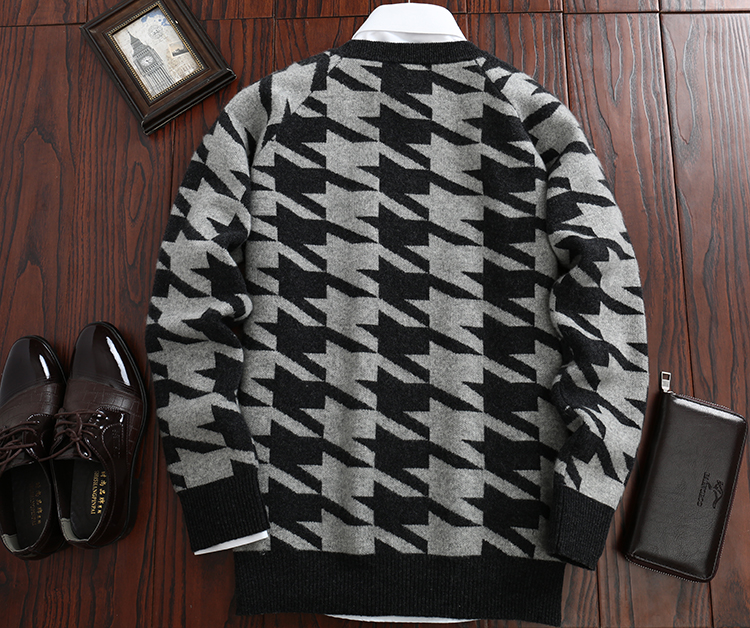 Mùa đông mới 100% áo len cashmere nguyên chất nam cổ tròn dày houndstooth len đan đáy áo len - Áo len Cashmere áo phao nam hàng hiệu