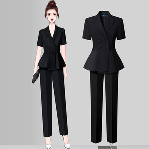 Black Short-Sleeved Suit for Women, Summer Thin Business Attire, Fashionable and Elegant, Hotel Front Desk and Beauty Salon Work Clothes