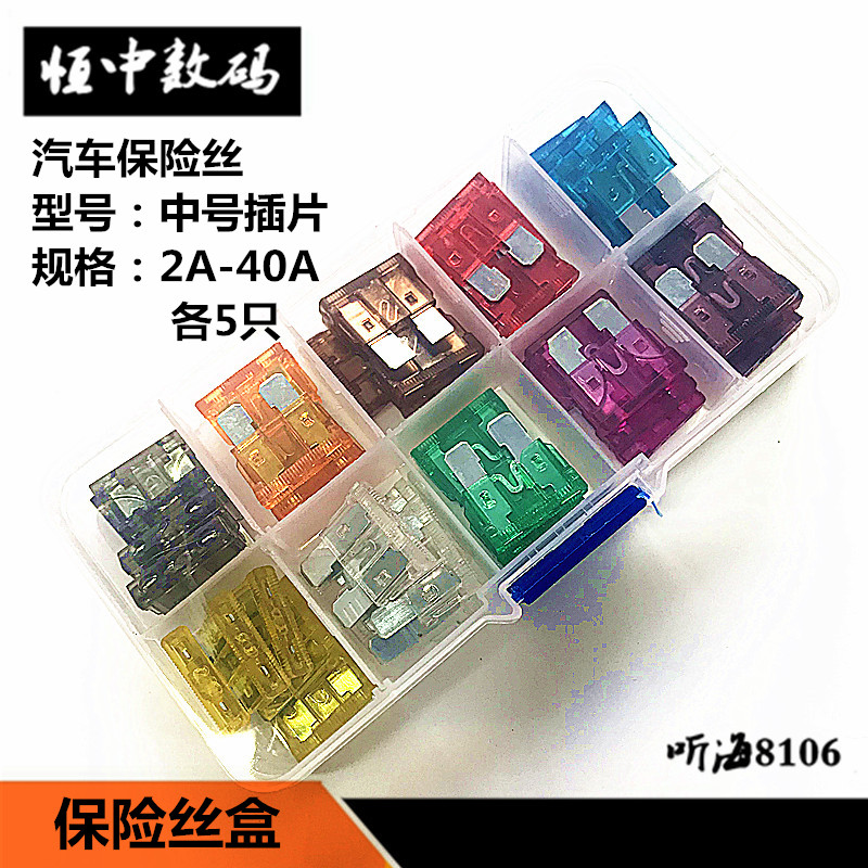 汽车保险丝盒 保险片车用保险丝供4S店 中号插片10种各5只2A-40A