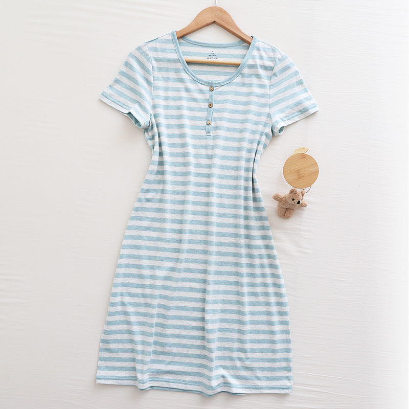 Japanese-style soft summer Tianzhu cotton nightdress pure cotton striped short-sleeved ladies pajamas good product special price comfortable home service