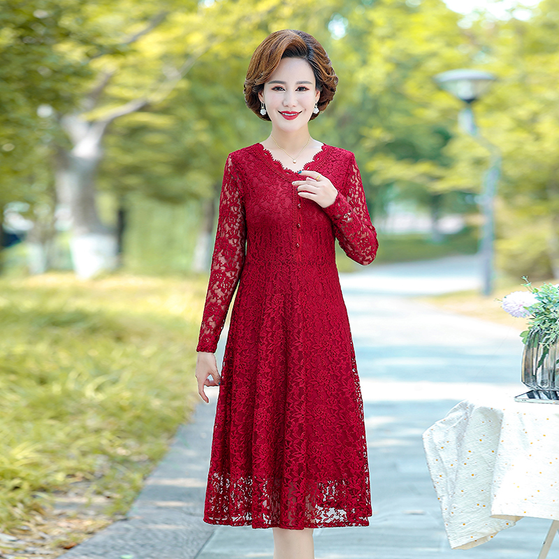 Lace Long-Sleeved Dress for Women in Autumn, Middle-Aged and Elderly Women's Fashionable and Stylish Wedding Hollow-Out Crochet Over-The-Knee Long Dress for Mothers