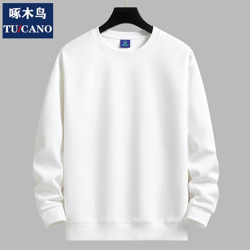 Woodpecker Solid Color Fleece-Lined Sweatshirt for Men, Round Neck White Top, Autumn and Winter Couple's Base Shirt, Casual Pullover Woodpecker Solid Color Fleece-Lined Sweatshirt for Men, Round Neck White Top, Autumn and Winter Couple's Base Shirt, Casual Pullover