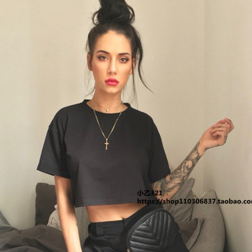 European and American ins Loose Jazz Dance Short-Sleeve T-Shirt for Women, Ultra-Short High-Waisted Short Top, Summer Hip-Hop Short Outfit, Belly-Baring Trendy Top