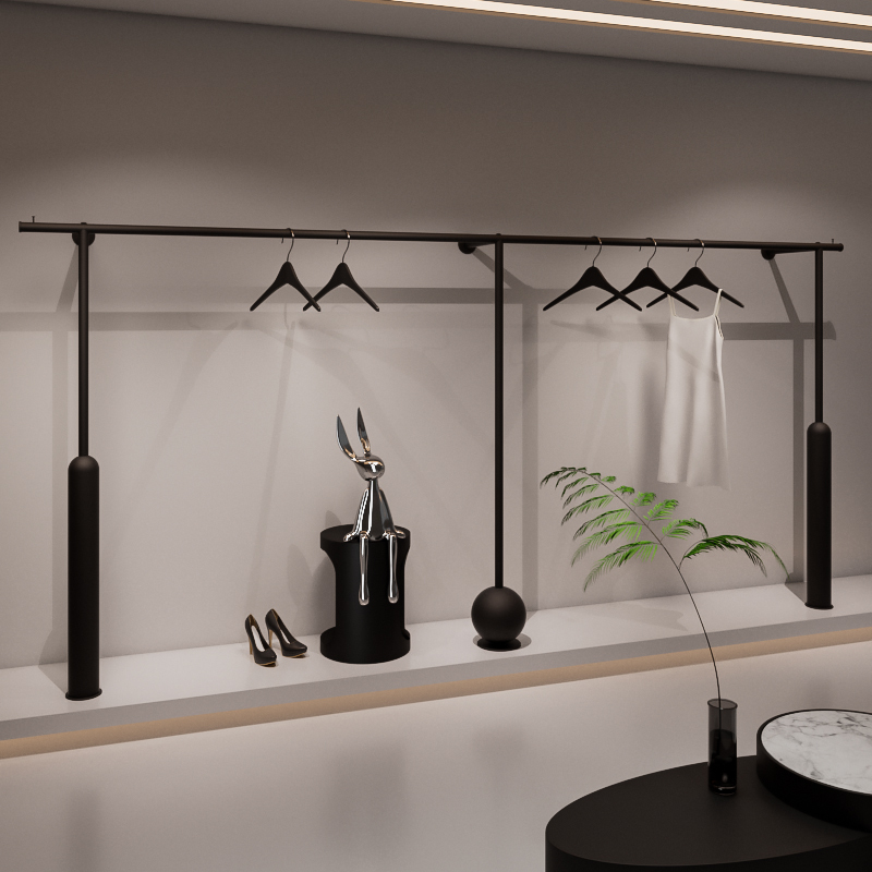 Simple Modern Clothing Store Wall-Mounted Display Rack Floor-Standing Straight Rod Clothes Rack Men's and Women's Clothing Store Shelf Matte Black Simple Modern Clothing Store Wall-Mounted Display Rack Floor-Standing Straight Rod Clothes Rack Men's and Women's Clothing Store Shelf Matte Black