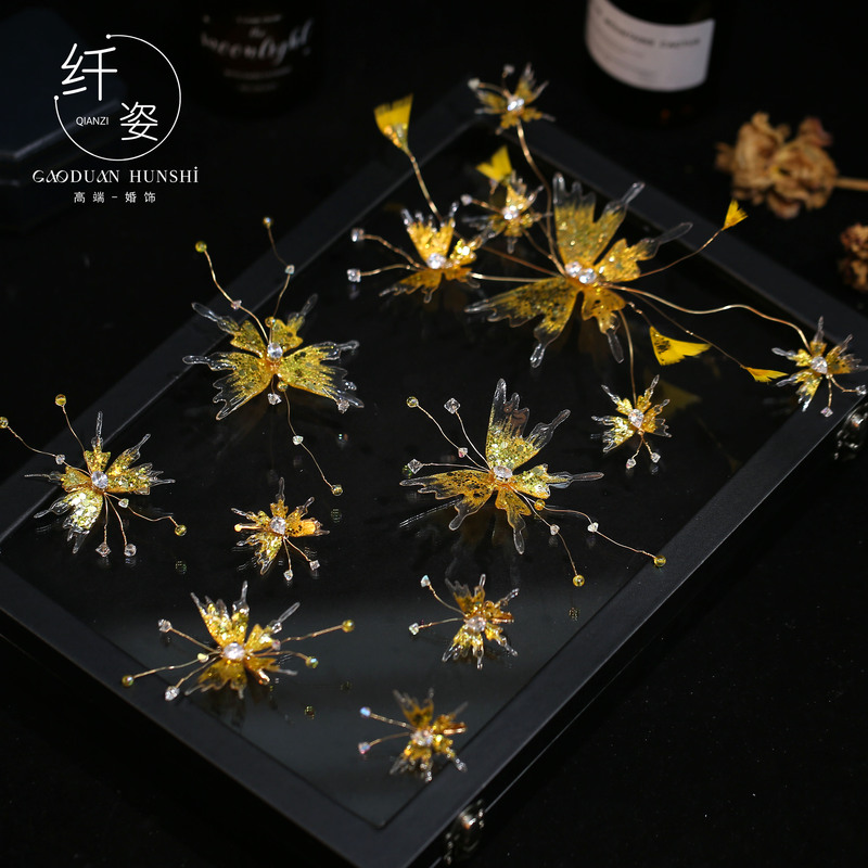 New Gold-Colored Simple and Shiny Butterfly Headpiece, New Chinese-Style Bridal Hair Accessory, Suitable for Morning Robes, Evening Dresses, and Photo Studio Accessories