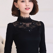 Áo ren nữ tay dài cộng với áo nhung dày lên đáy mùa đông mới size lớn Slim nửa cao cổ áo thun ấm áp