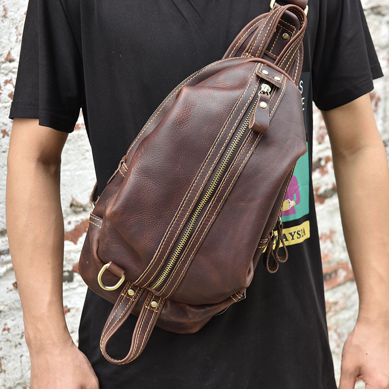 2021 new small chest bag men genuine leather single shoulder inclined shoulder bag Han version headlining Bull Leather Sport Personality Tide Mad Mapi