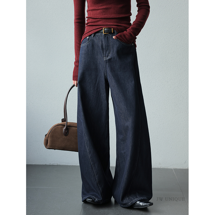 Jwunique Deep Blue Retro Wide-Leg Jeans for Women 2026 Spring and Autumn New Loose Casual Long Pants