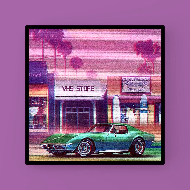 Nostalgia California Tropical Streetscape Pink Twilight Steam Polo Jersey 80s Citypop Sports Car Decoration Painting