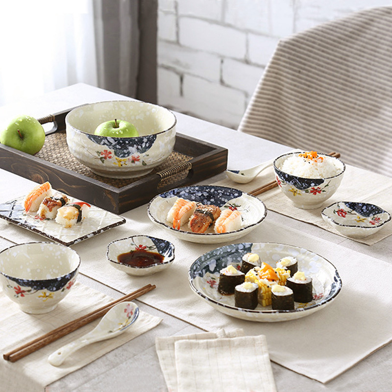 Day Style Glazed Down Color Dish Cutlery Sets of Snowflake Glazed Creative Home Ceramic Bowls RICE BOWLS CHOPSTICKS DISH SPOONS