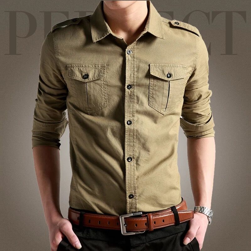 Long-Sleeve Shirt for Men, Pure Cotton Work Shirt, Khaki Color, Middle-Aged and Young Men, Pocket, World War Ii Us Military Style, Spring and Autumn Shirt Long-Sleeve Shirt for Men, Pure Cotton Work Shirt, Khaki Color, Middle-Aged and Young Men, Pocket, World War Ii Us Military Style, Spring and Autumn Shirt