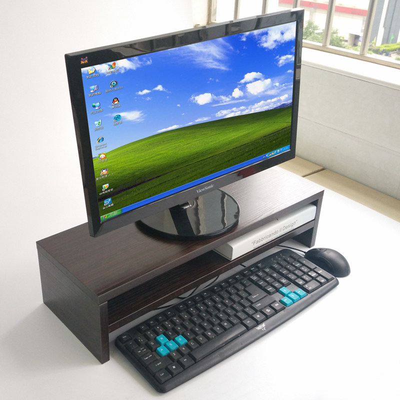 Computer monitor screen increased elevated base desktop keyboard finishing storage shelf tray bracket raised