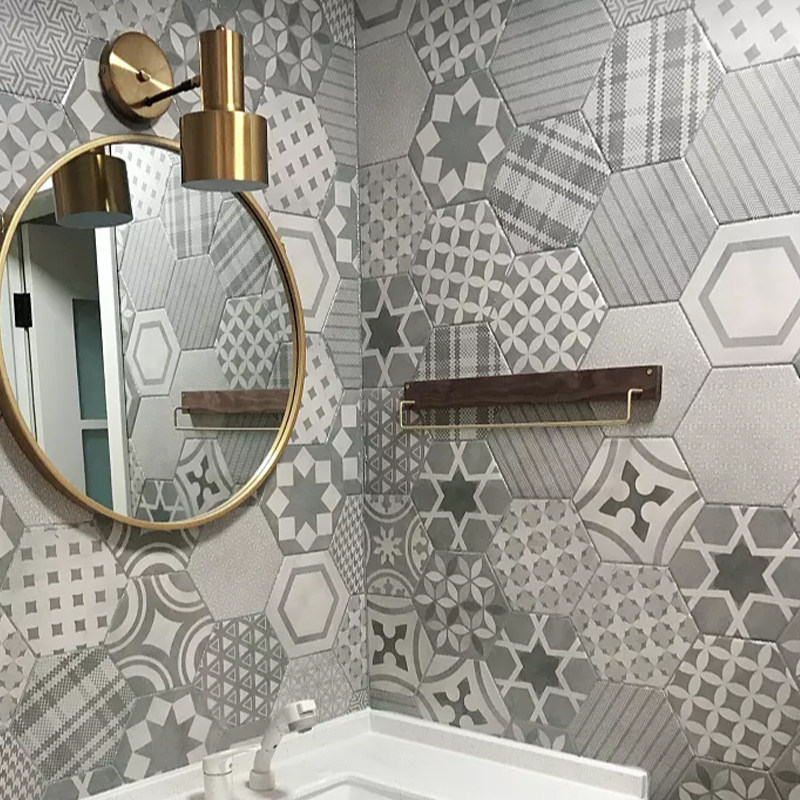 Nordic Grey Patterned Hexagon Flower Brick Moroccan Kitchen Make-up Room Wall Brick Floor Tiles Dining Hall Hexagonal Brick Tiles
